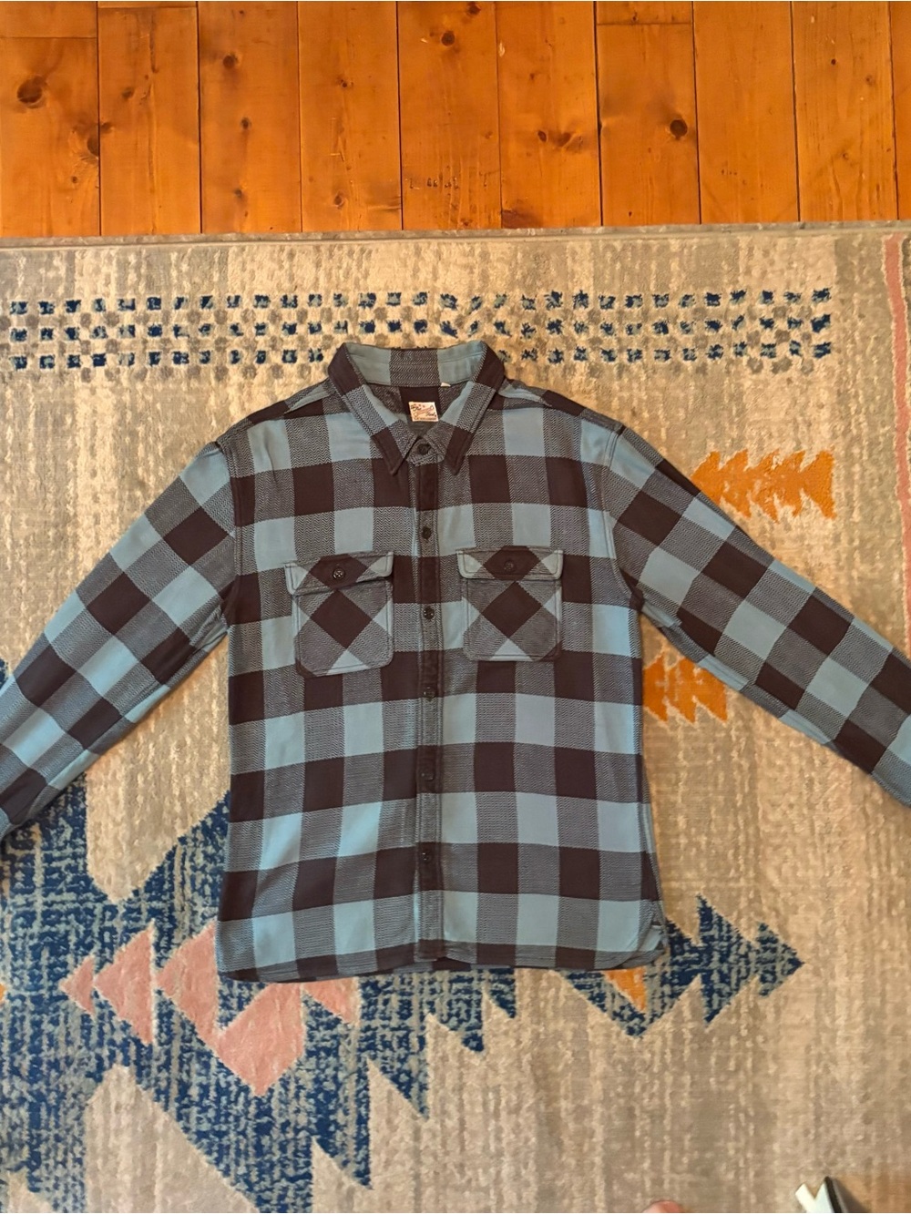 The Flat Head brand.Men's Blue and Black Plaid Flannel Button up shirt. Size 44.